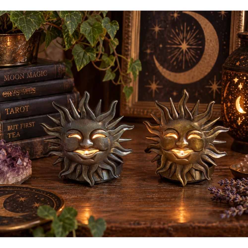 Vintage 90s Brass Pewter Celestial Sun Face Tealight Holders Set of 2 Whimsigoth